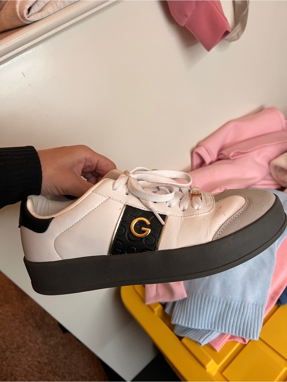 Guess White and Black Platform Sneaker with Gold G Accent